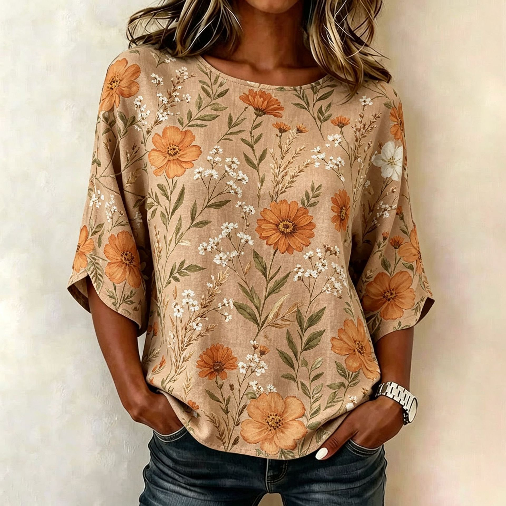 Floral Plaid Print Mid-Sleeve Women's Top