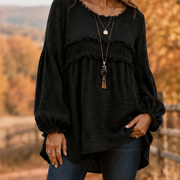 Women's Casual Patchwork Tassel Lace Trim Long Sleeve Top