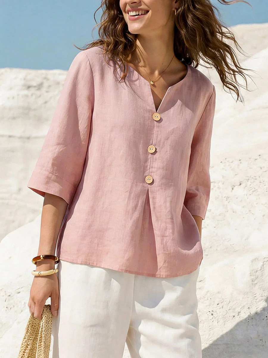 Women's Solid Color Cotton-Linen V-Neck Button T-Shirt Casual Loose Fit