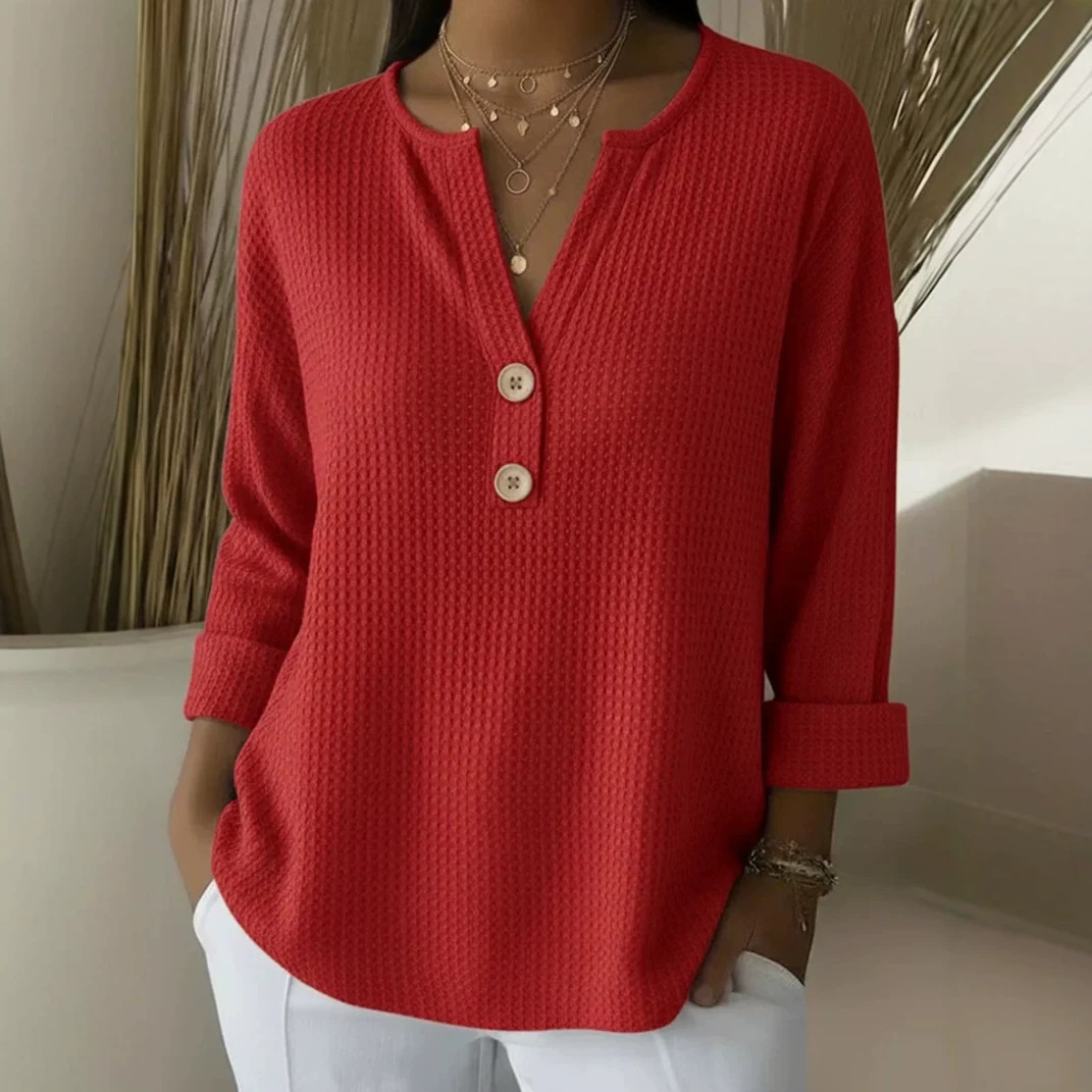 Women's V-Neck Waffle Knit Long Sleeve Pullover Sweater Solid Casual Top