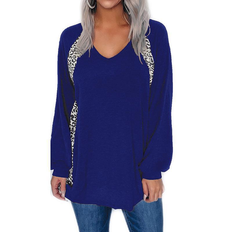 Women's Leopard Colorblock V-Neck Loose Long-Sleeve Pullover T-Shirt