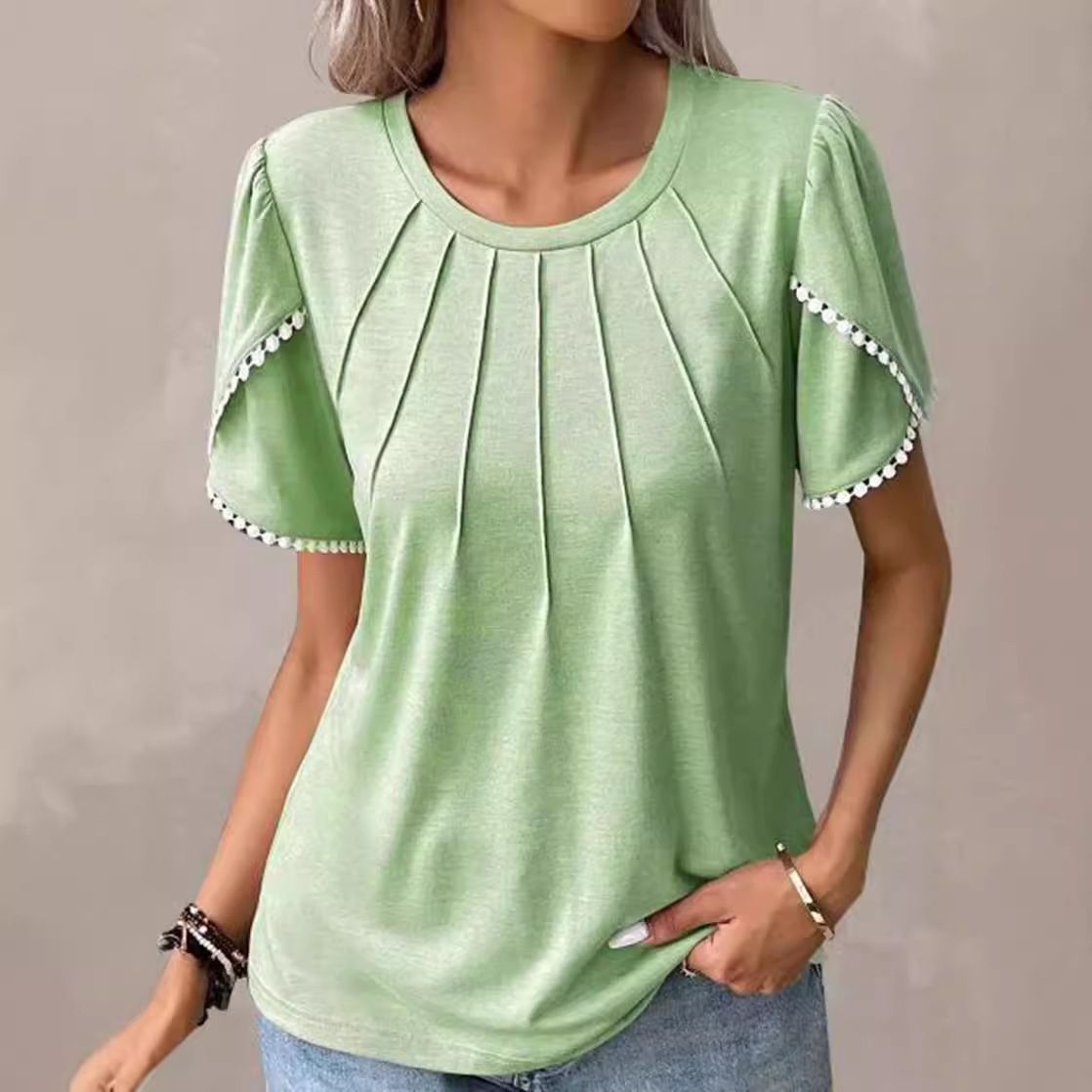 Pleated Short Sleeve T-Shirt with Petal Sleeves and Round Neck