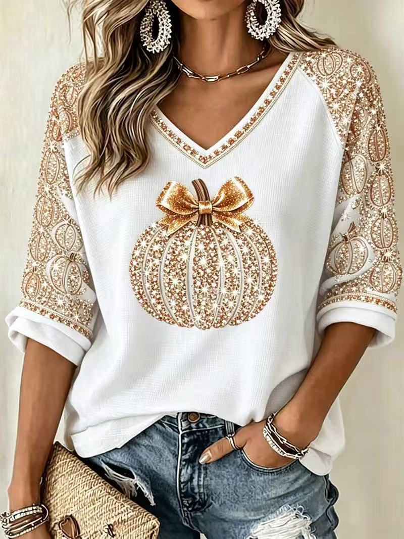 Halloween Pumpkin Bow Print V-Neck Half-Sleeve Women's T-Shirt