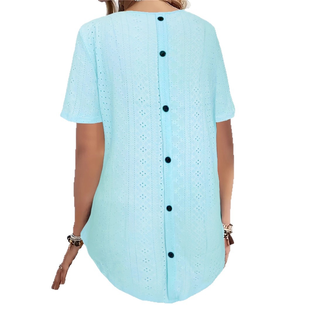 Elegant Printed Solid Color Back Button Short Sleeve T-Shirt