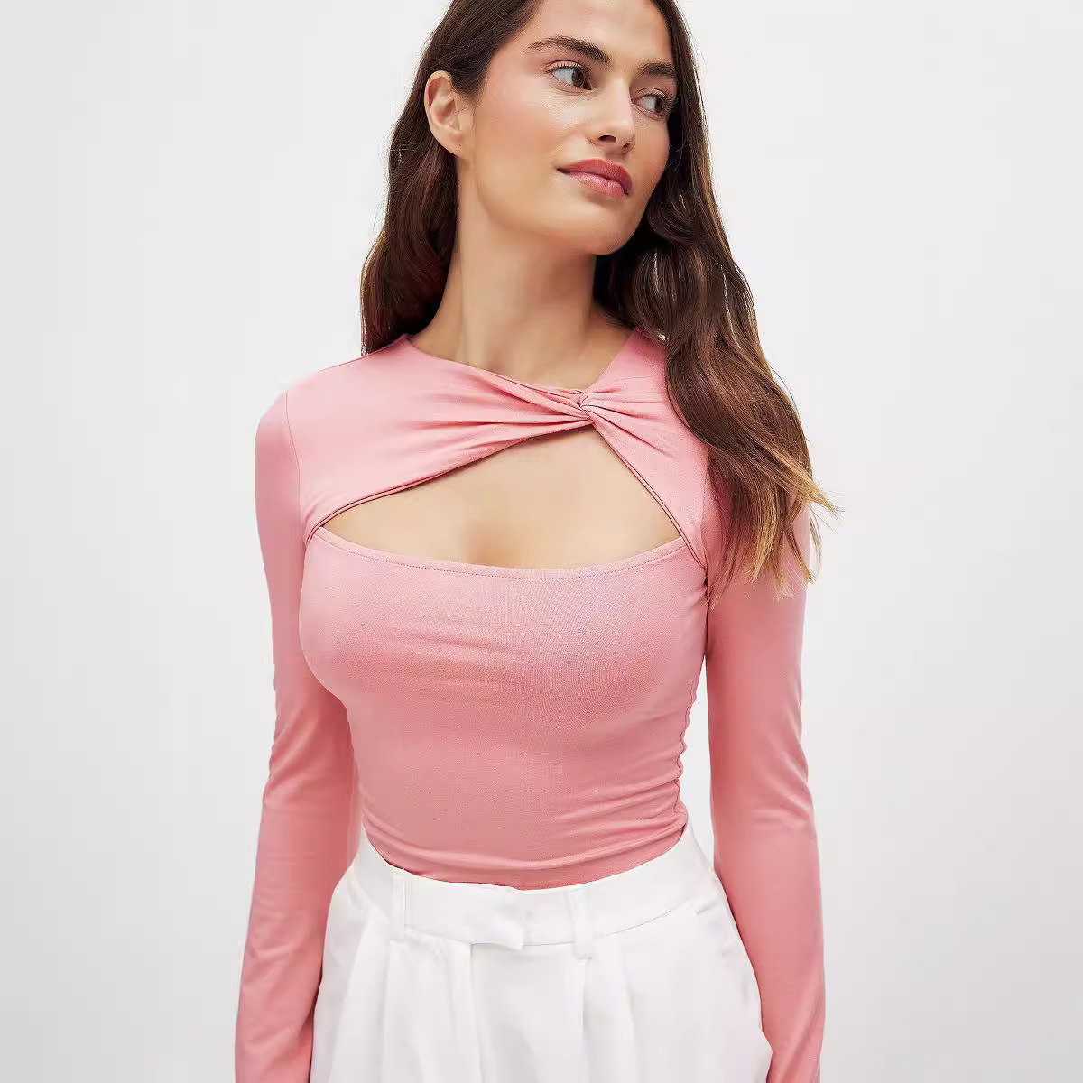 Women's Double-Layer Collar Cutout Faux Two-Piece Slim Fit Long Sleeve Top