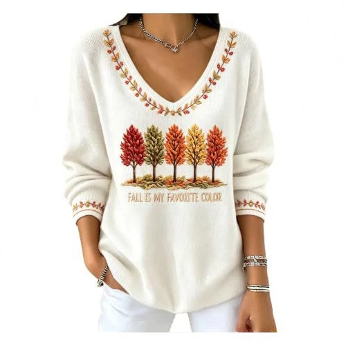 Women's V-Neck Long Sleeve T-Shirt with Tree Maple Leaf Print