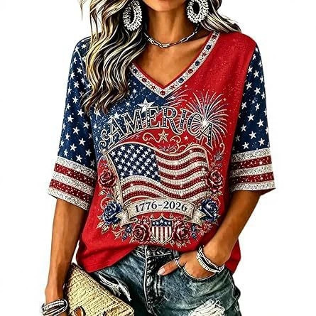 Women's American Flag Firework Print V-Neck Short Sleeve T-Shirt