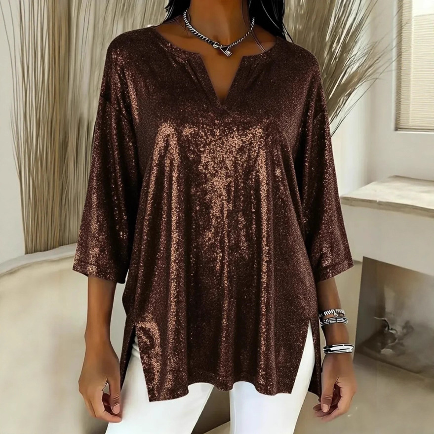 Women's Sparkly Sequin V-Neck Long Sleeve Christmas Top