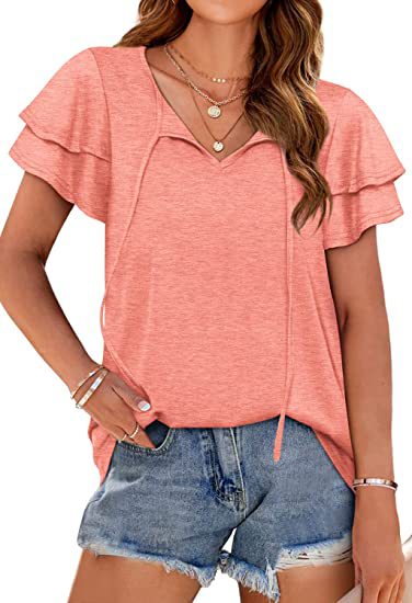 V-Neck Double-Layer Sleeve Tie-Front Casual Women's T-Shirt