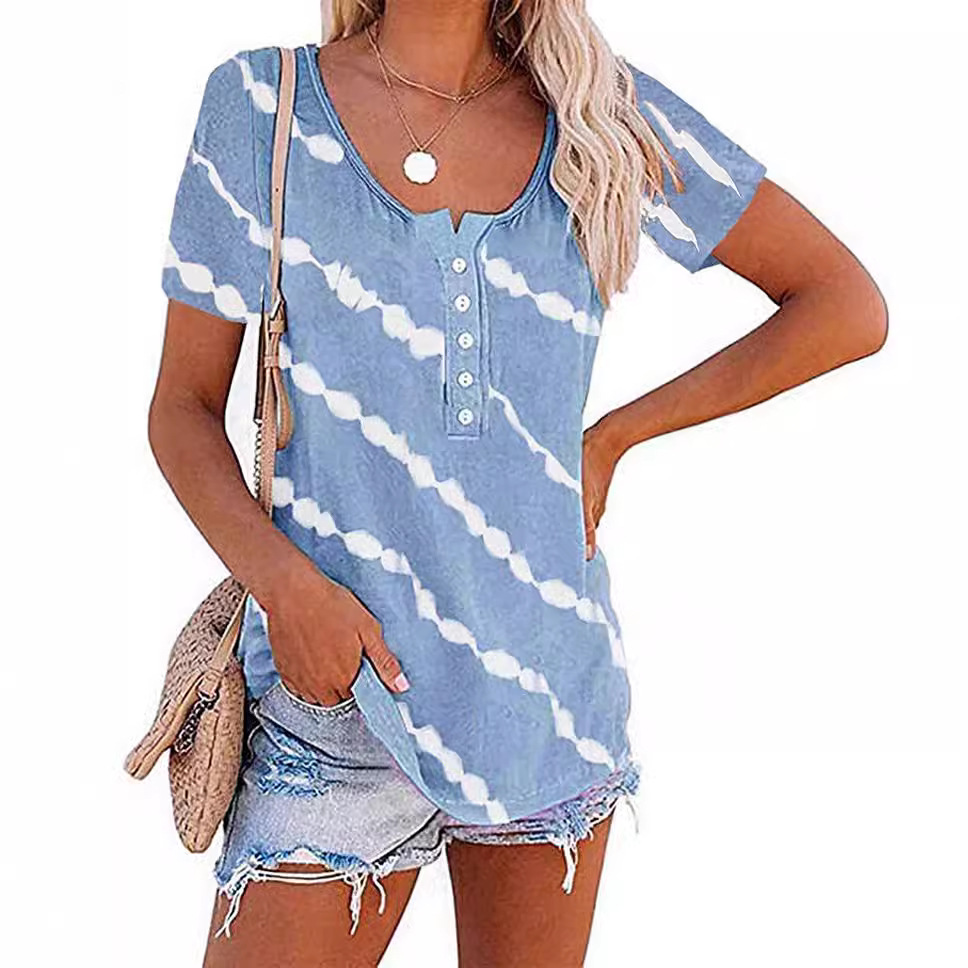 Striped Crewneck Button Short-Sleeve T-Shirt
