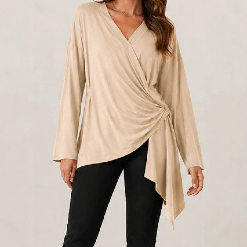 Women's Tie-Front Solid V-Neck Long Sleeve Casual Top