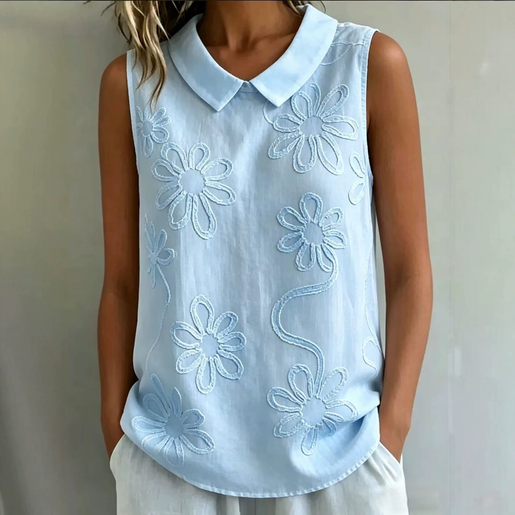 Floral Embroidered Sleeveless Tank Top Loose Fit