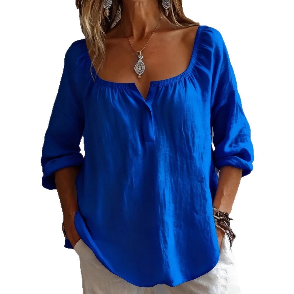 Women's Casual V-Neck Long Sleeve Loose Solid Pullover T-Shirt