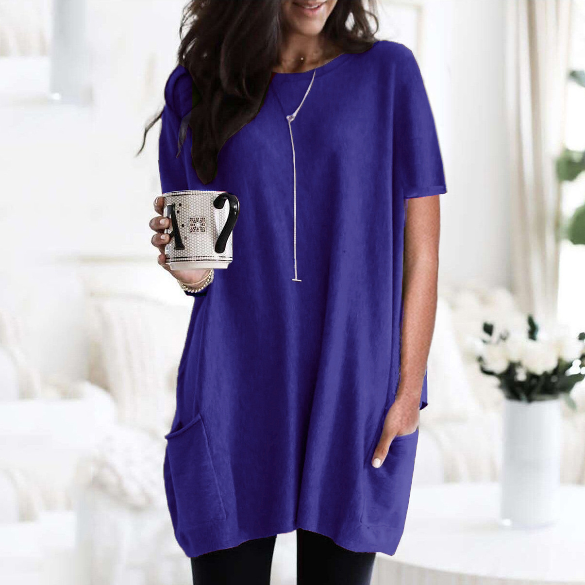 Women's Long Sleeve Pocket T-Shirt Casual Loose Fit Crew Neck Top