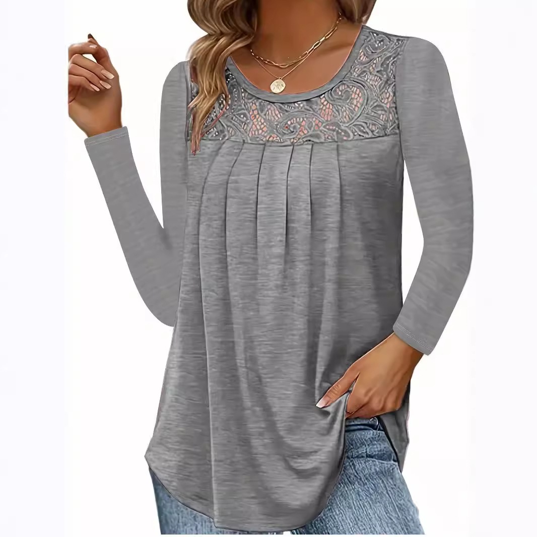 Women's Lace Neckline Print Long Sleeve Solid T-Shirt