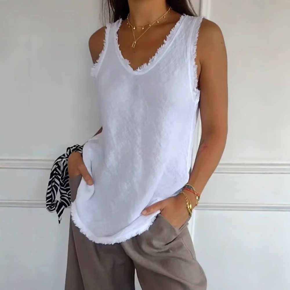 V-Neck Sleeveless Loose Cotton-Linen Fringe Trim Top