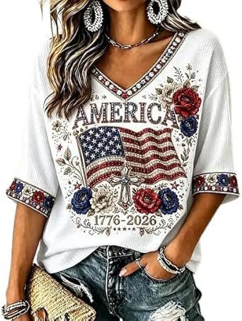 Women's American Flag Firework Print V-Neck Short Sleeve T-Shirt