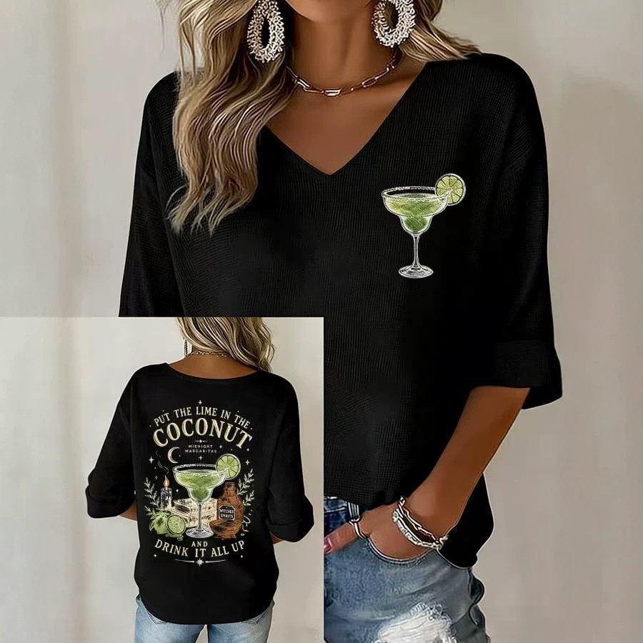 Retro Wine Glass Print V-Neck Half-Sleeve Top