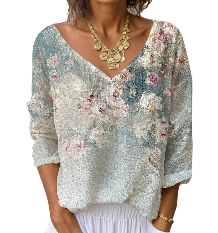 Women's V-Neck Long Sleeve Printed T-Shirt