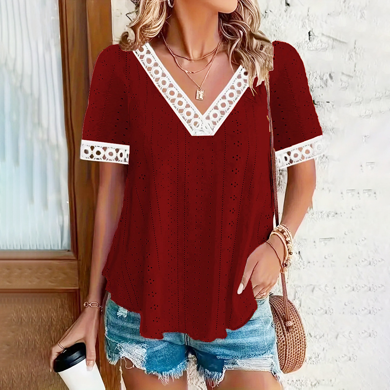 Women's V-Neck Hollow-Out Knit Lace-Panel Short-Sleeve T-Shirt