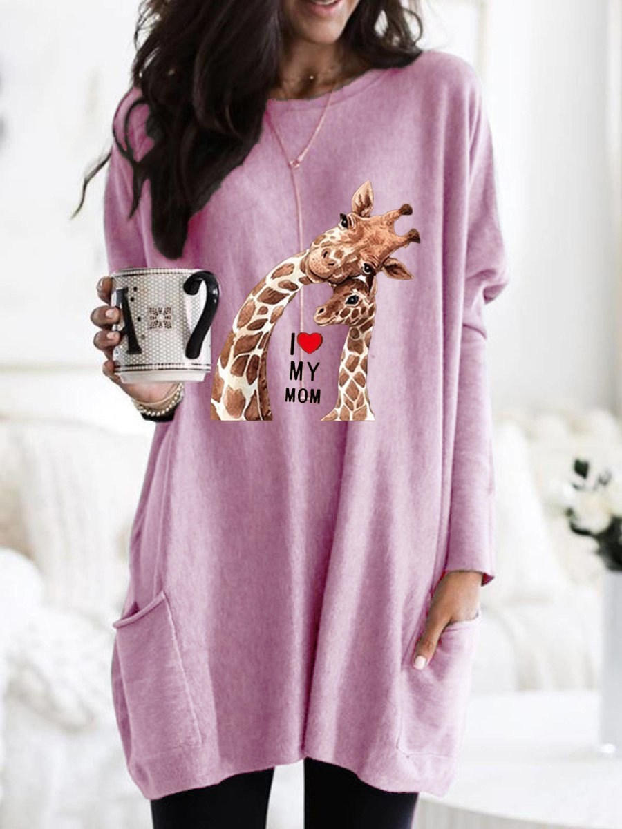 Women's Giraffe Print Long Sleeve Crew Neck Loose T-Shirt