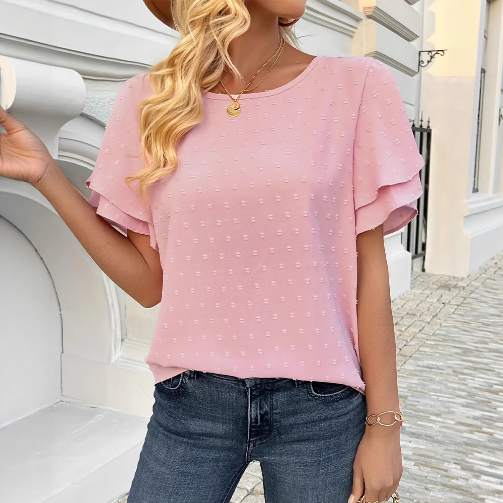 Women's Solid Crewneck Short Sleeve 3D Floral T-Shirt