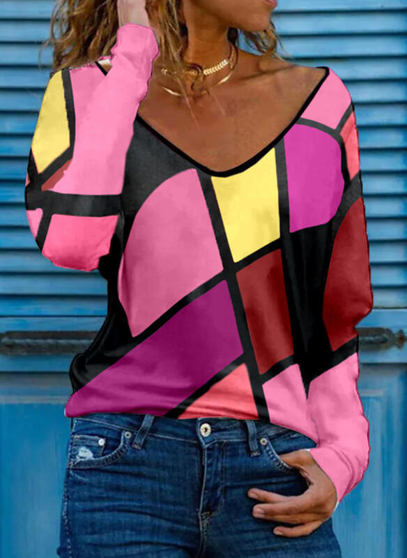 Geometric V-Neck Print Loose Pullover T-Shirt Women's Top