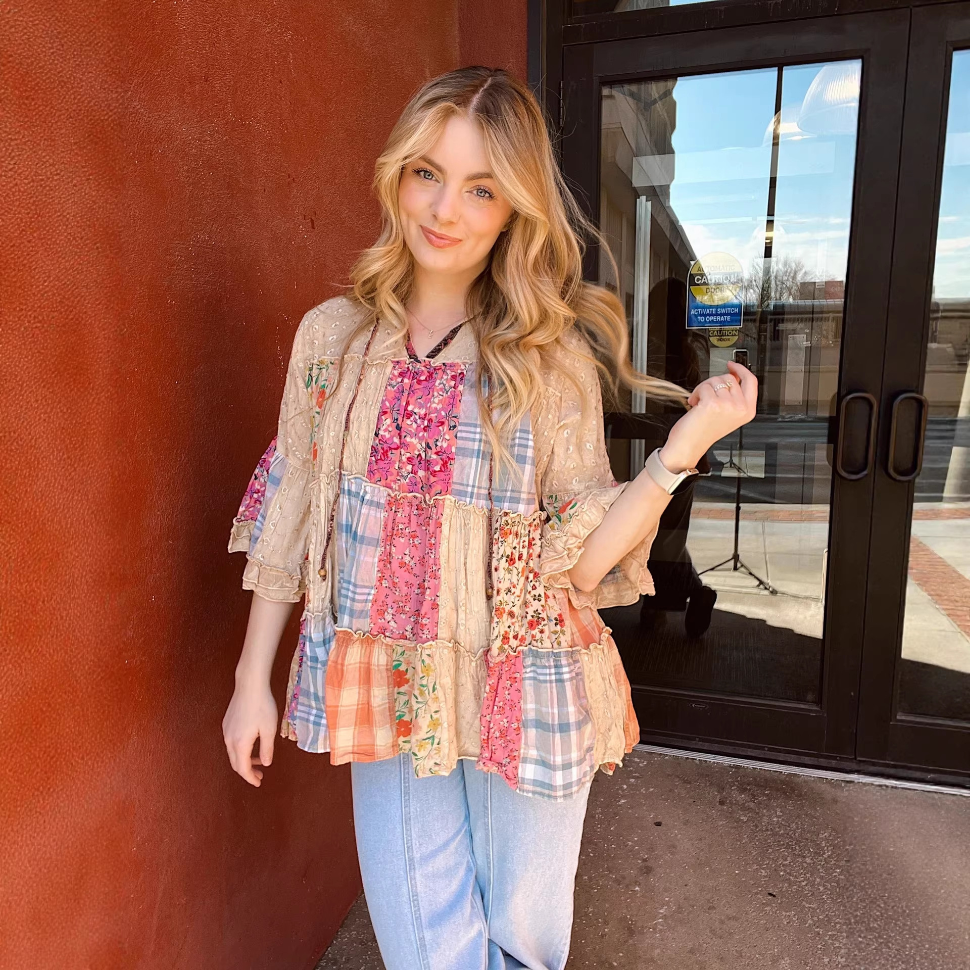 Women's Vintage Floral Digital Print Plaid Patchwork Loose V-Neck Three-Quarter Sleeve Top