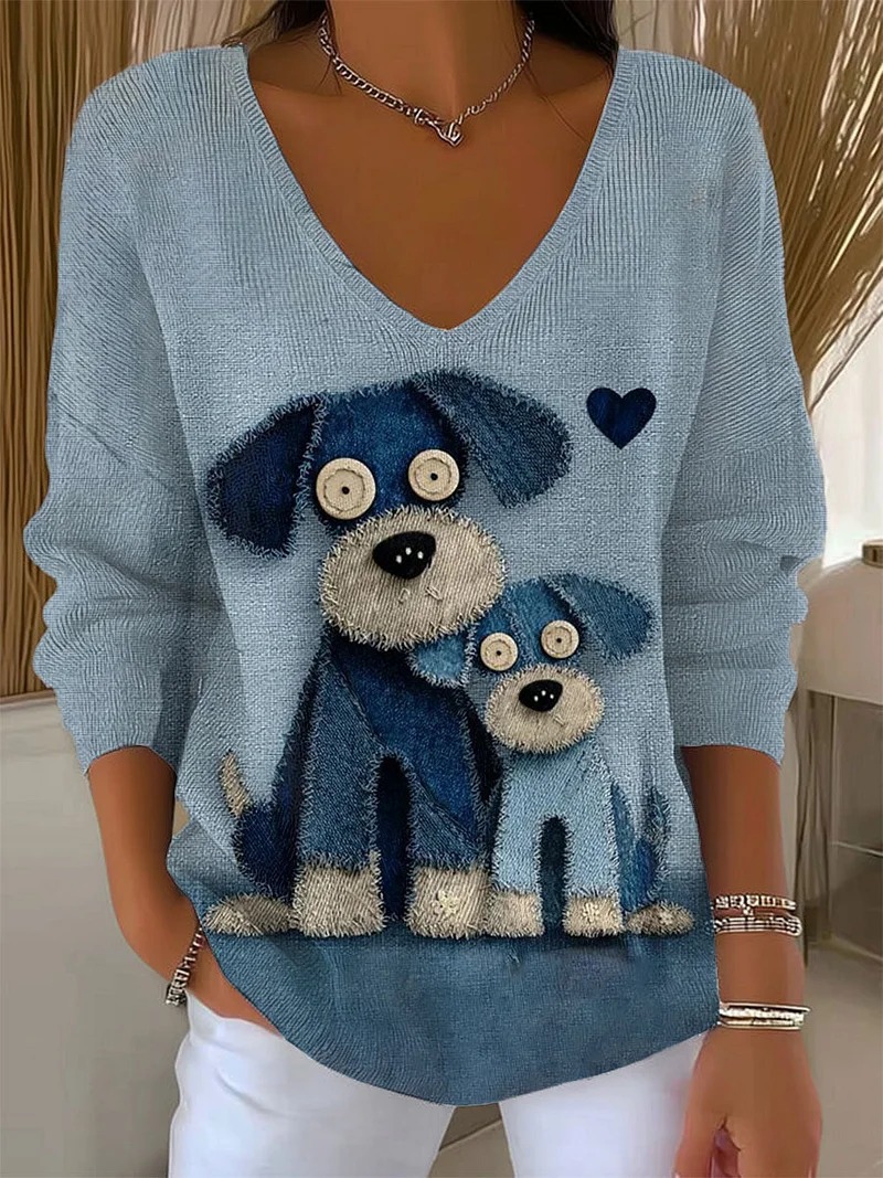 Cute Cartoon Puppy Print V-Neck Long-Sleeve Women's T-Shirt