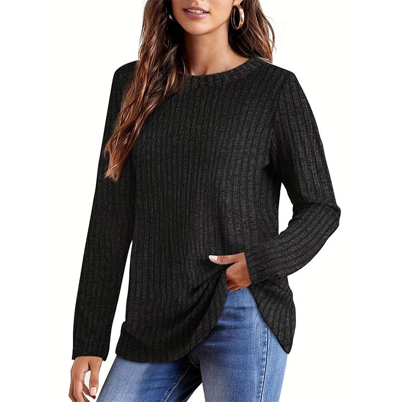 Women's Crewneck Brushed Ribbed Solid Long-Sleeve T-Shirt