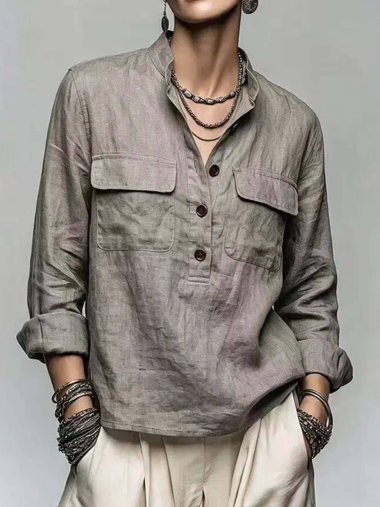 Women's Retro Stand Collar Button Pocket Loose Long Sleeve Pullover Shirt