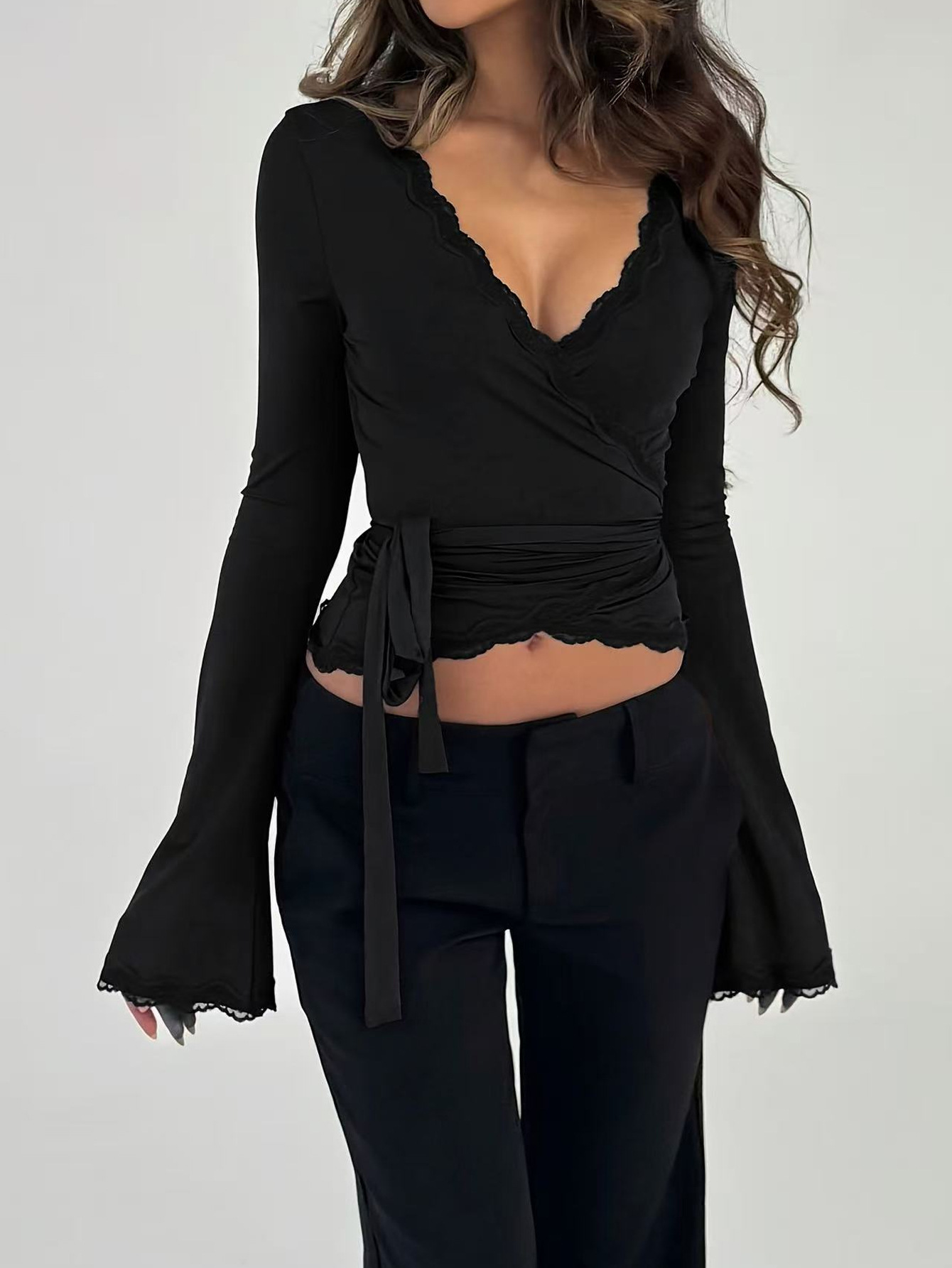 Women's Long Sleeve Lace Trim Tie V-Neck Crop Top Solid