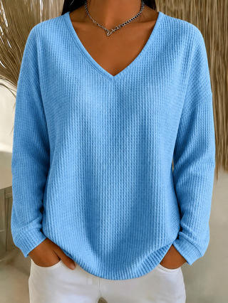 Women's Waffle Knit V-Neck Long Sleeve Loose Fit Solid Color T-Shirt
