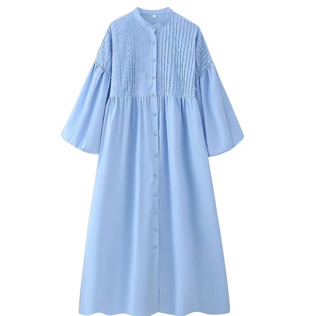 Women's Three-Color Round-Neck Button-Front Puff-Sleeve Textured Dress