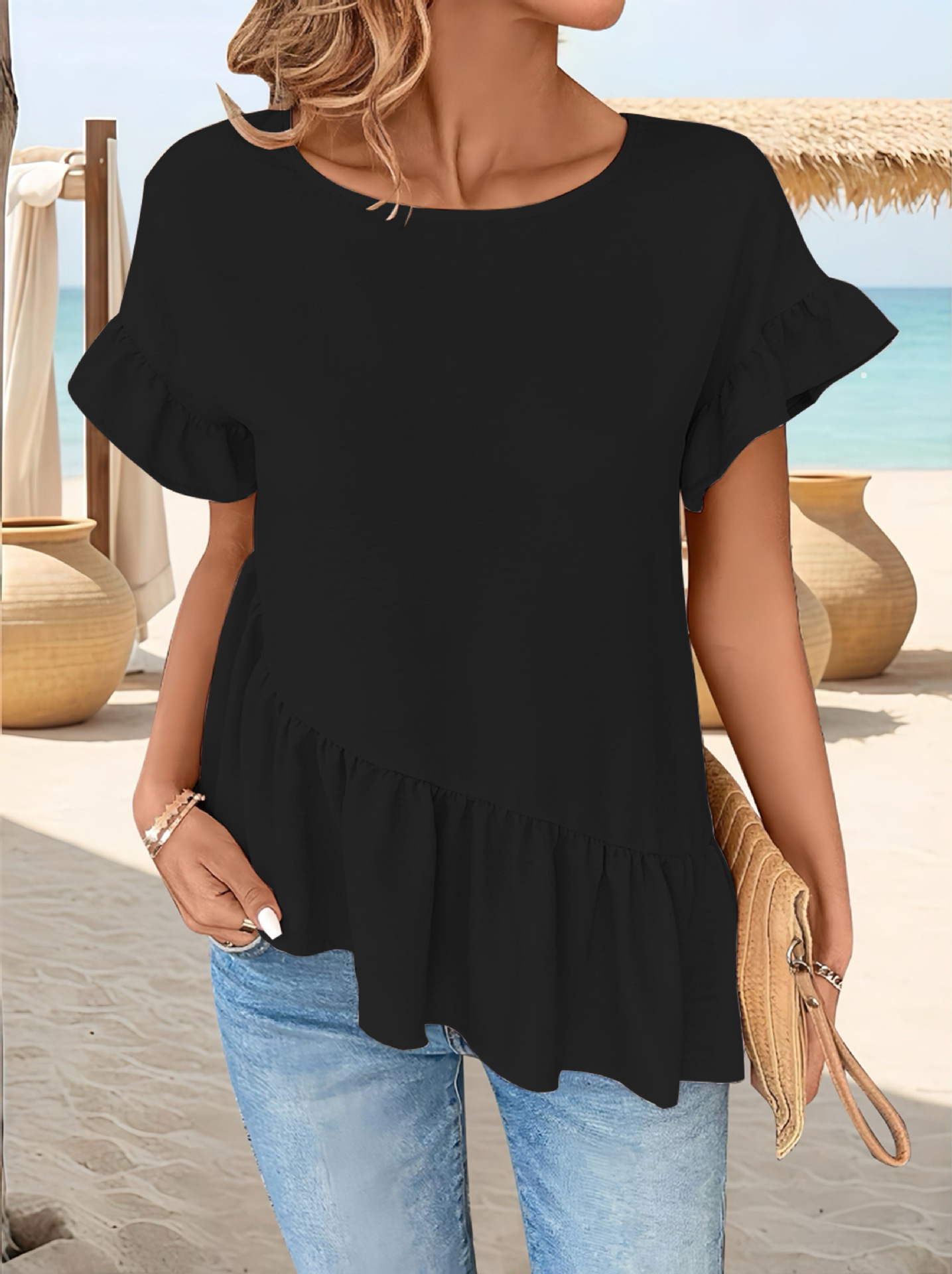 Elegant Solid Color Ruffle Sleeve Ruffle Hem Patchwork Women's T-Shirt
