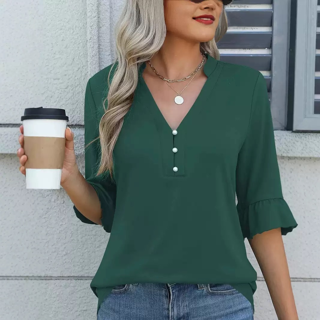 Women's Solid Color V-Neck Mid-Sleeve T-Shirt Top
