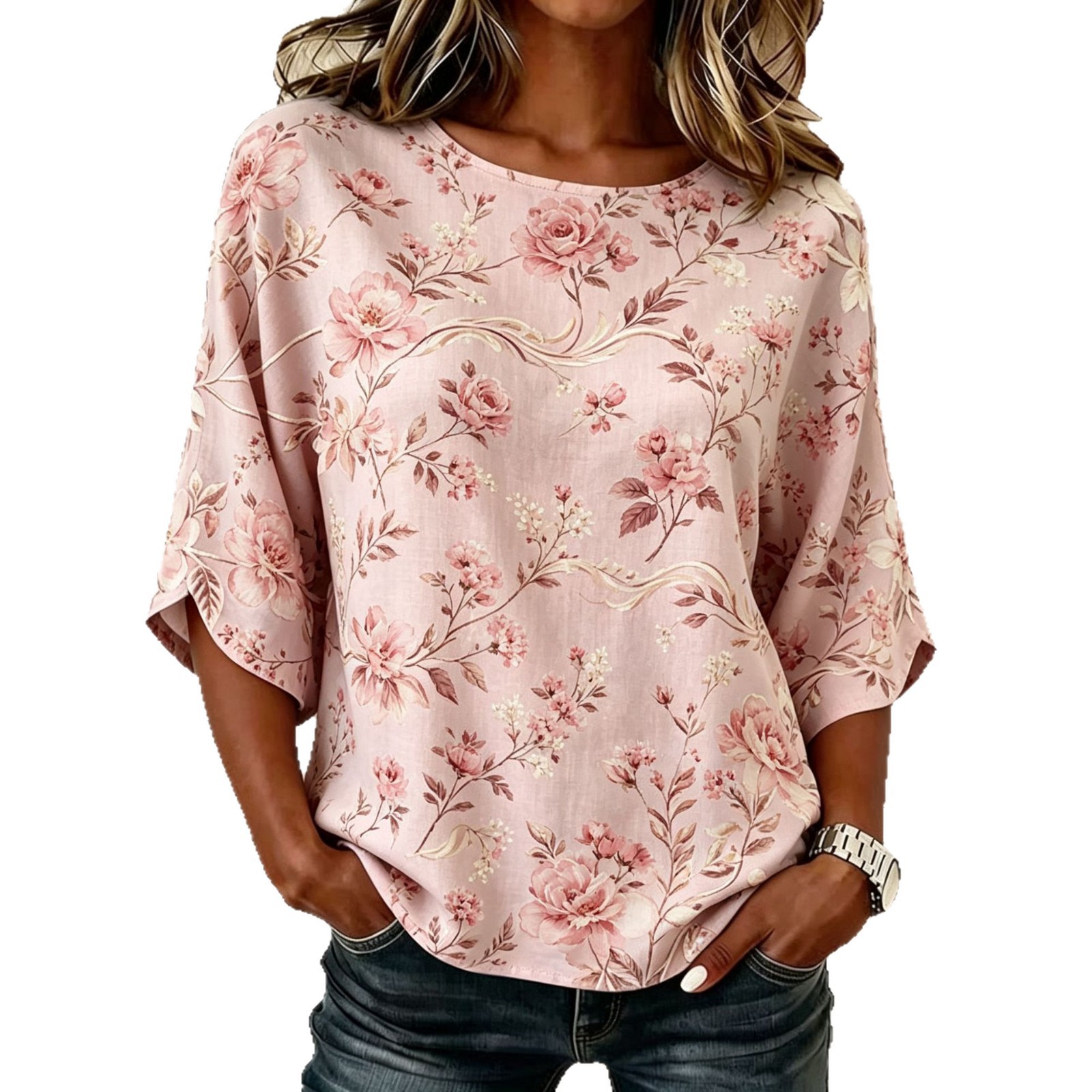 Floral Plaid Print Mid-Sleeve Women's Top