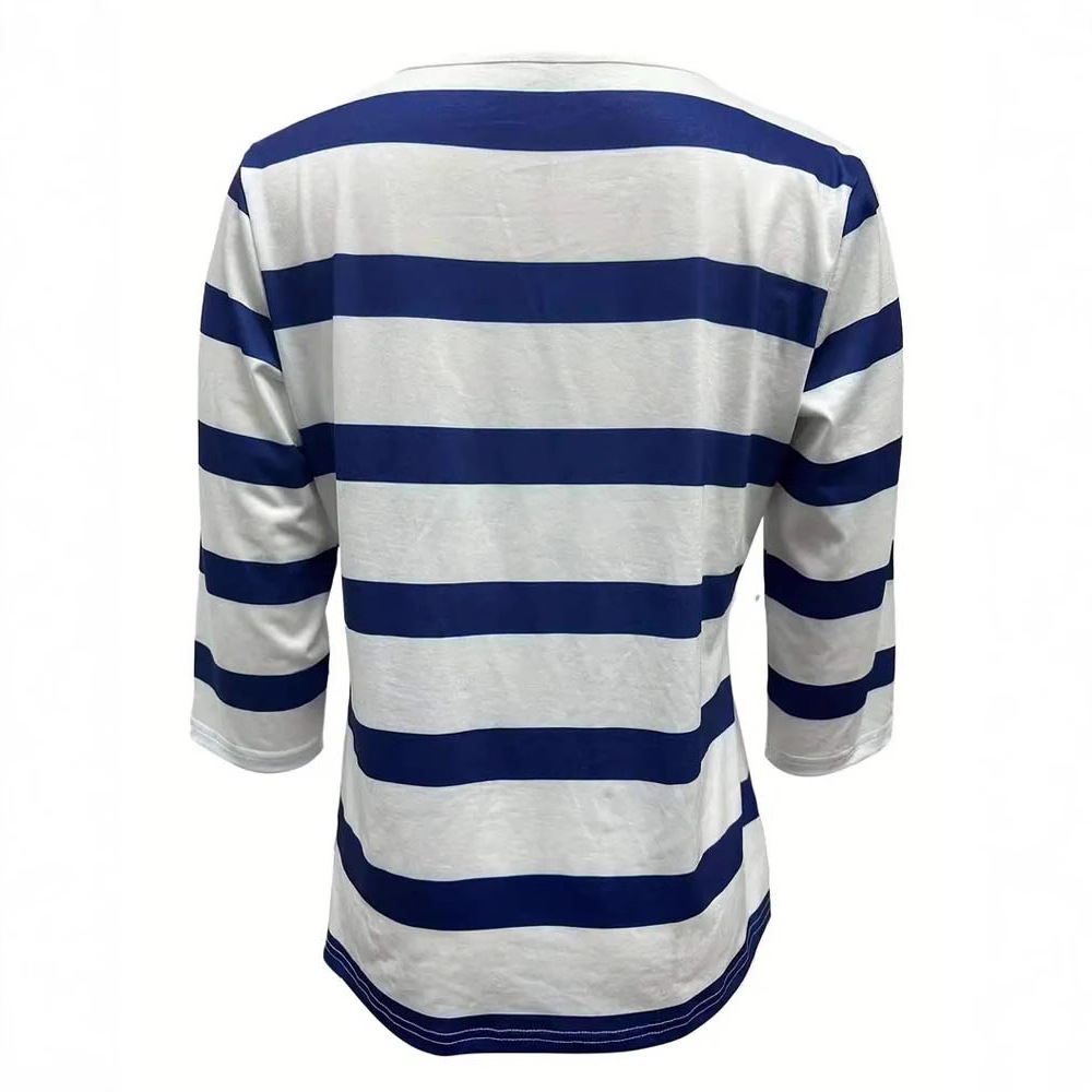 Women's Striped V-Neck Button Top Casual Long Sleeve T-Shirt