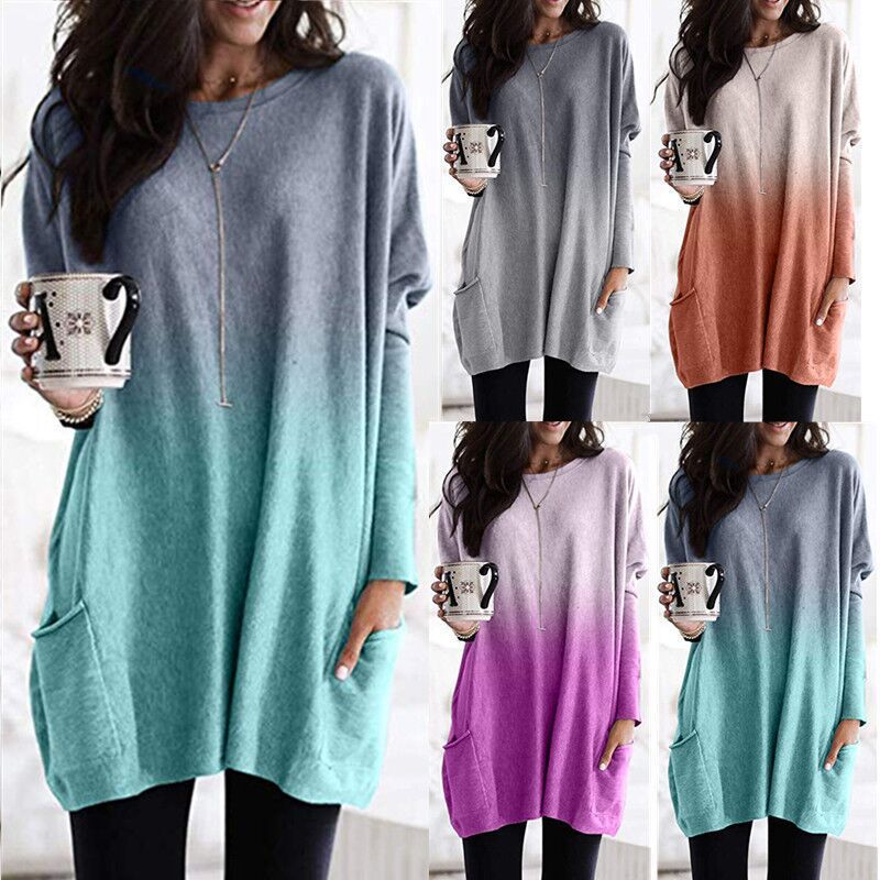 Gradient Print Long-Sleeve Pocket T-Shirt for Women