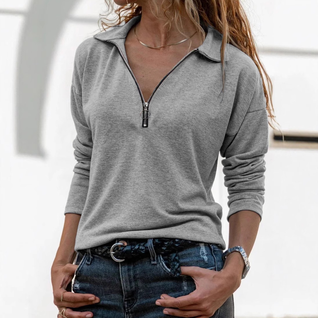 Women's Knit Zip-Up Collared Long-Sleeve Top