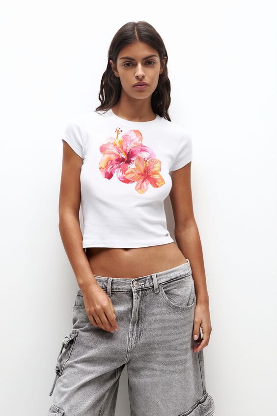 Floral Print Short-Sleeve T-Shirt, Casual Crew Neck Top