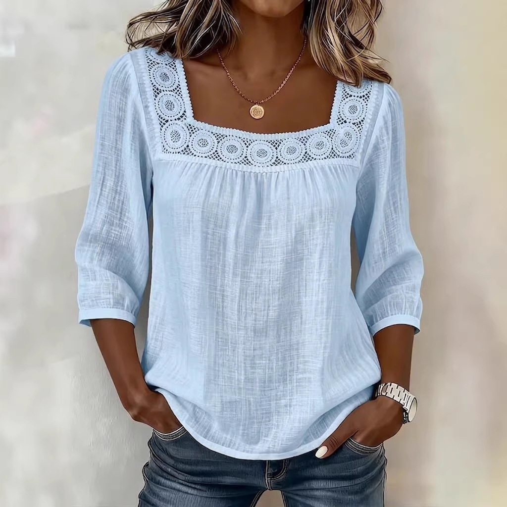 Women's Summer Square Neck Lace Trim 3/4 Sleeve Cotton Linen Top