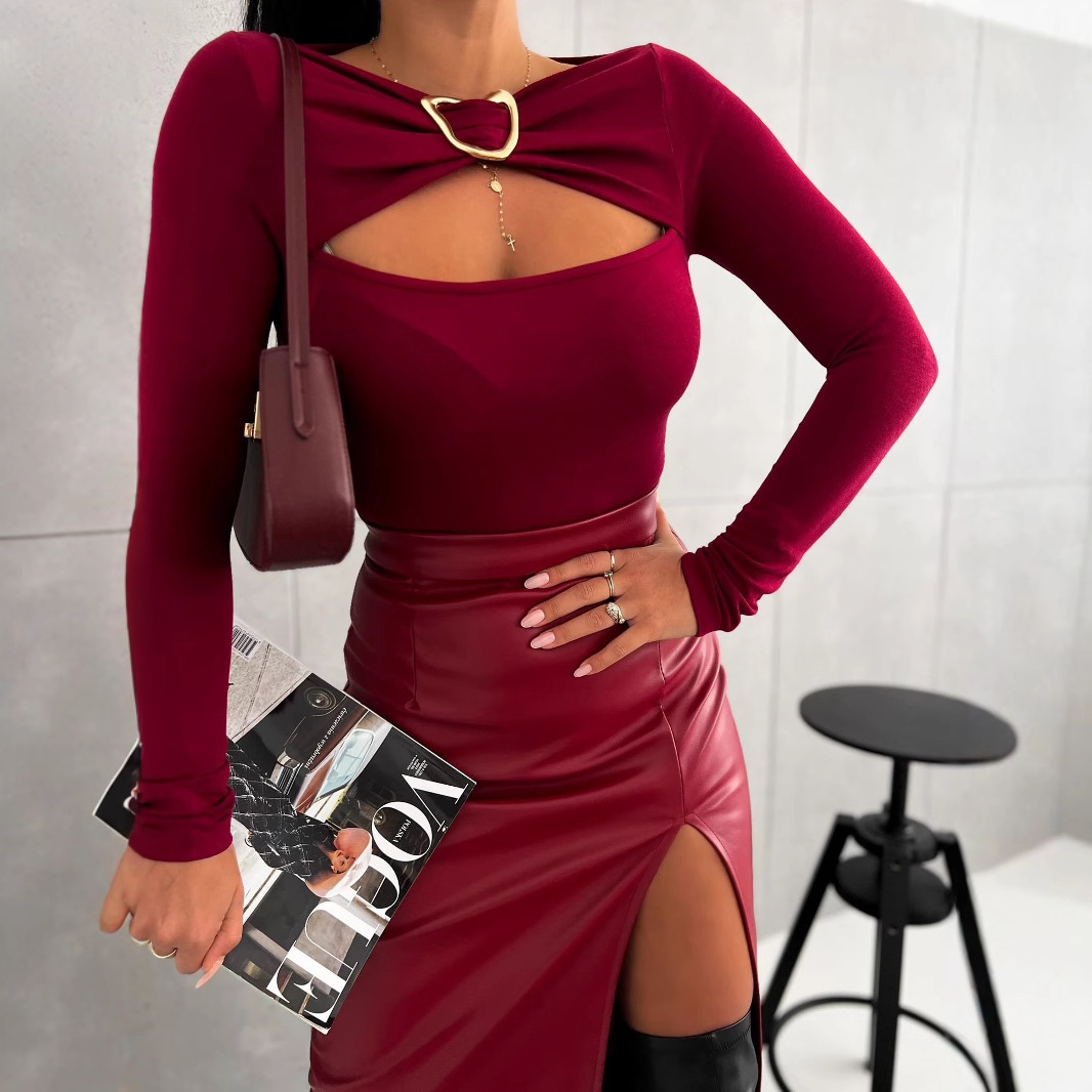 Women's Solid Slim Fit Long Sleeve V-Neck One-Shoulder Top
