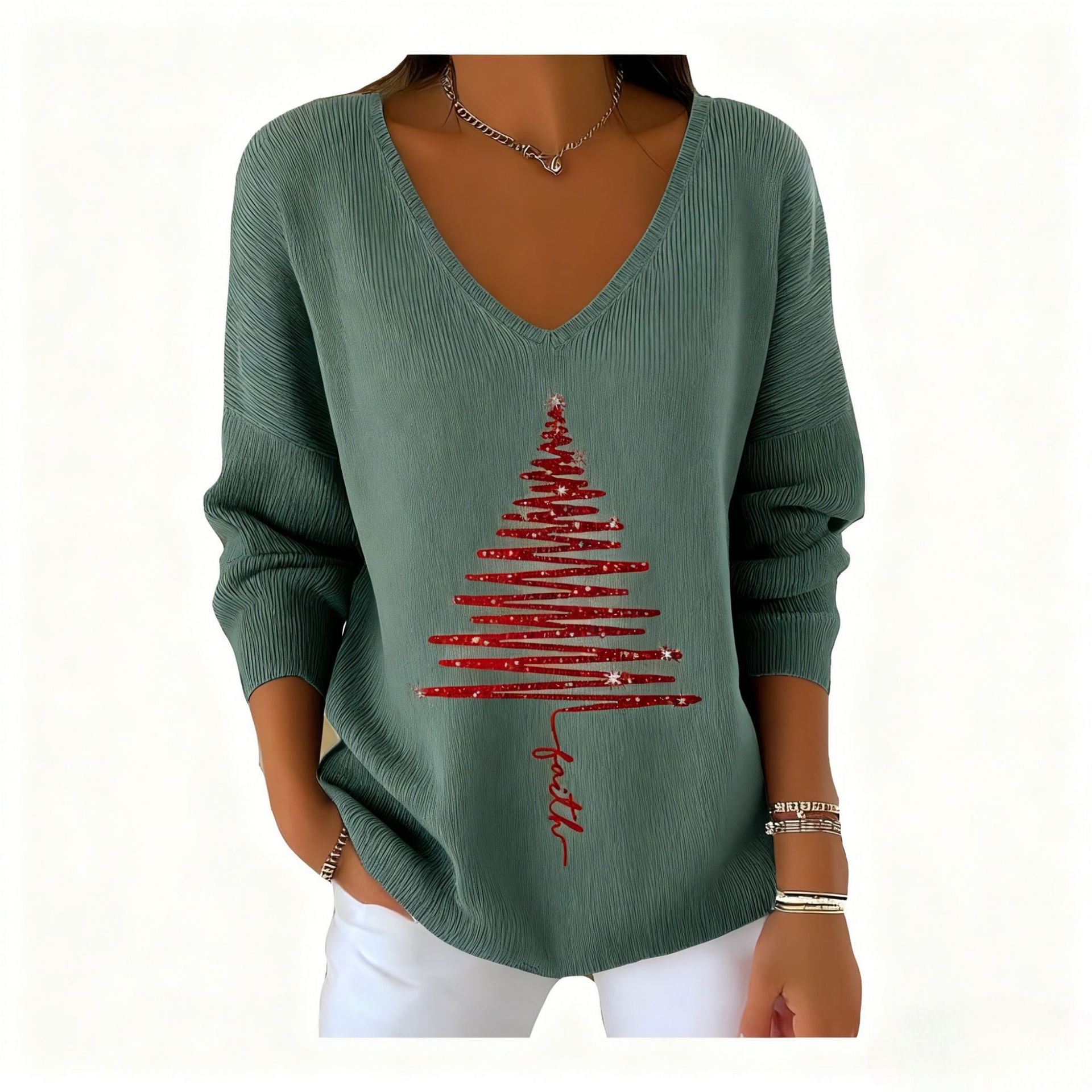 Women's V-Neck Long Sleeve Book & Christmas Tree Print T-Shirt