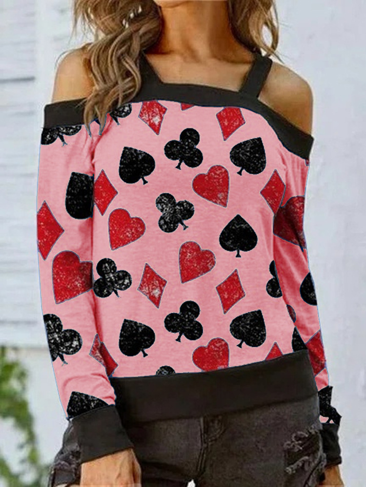 Women's Off-Shoulder Printed Long-Sleeve T-Shirt Casual Sexy Top