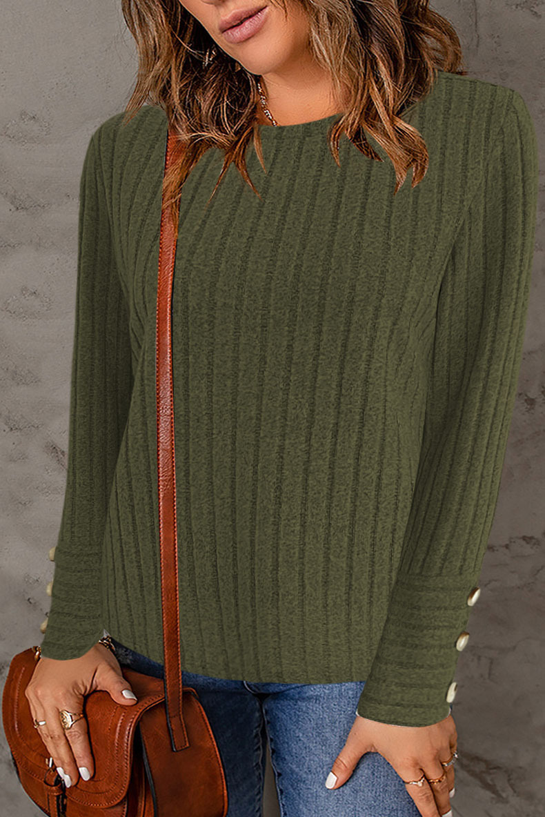 Women's Solid Color Crewneck Long Sleeve Button Top