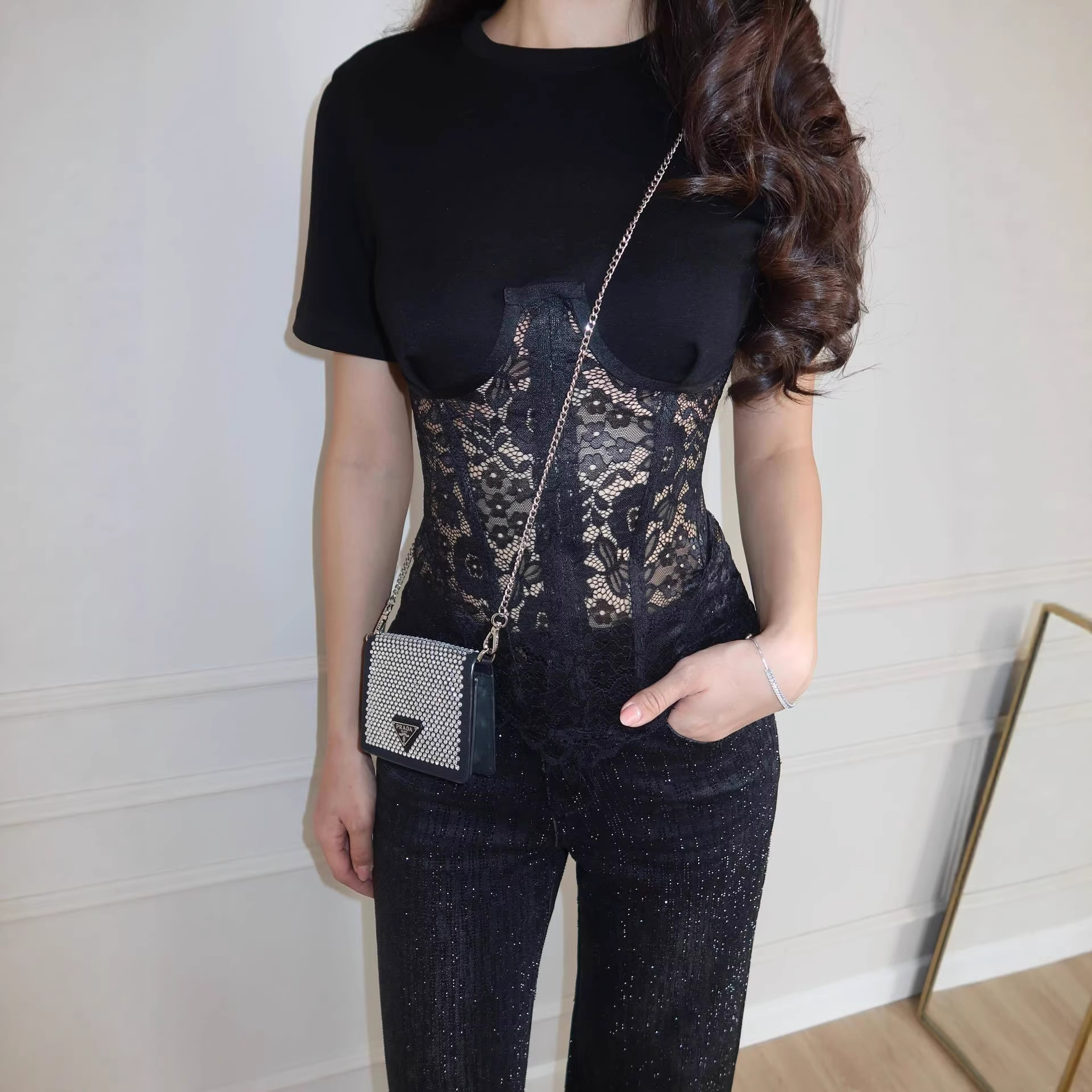 Solid Lace Panel Round Neck Short Sleeve Sheer Top