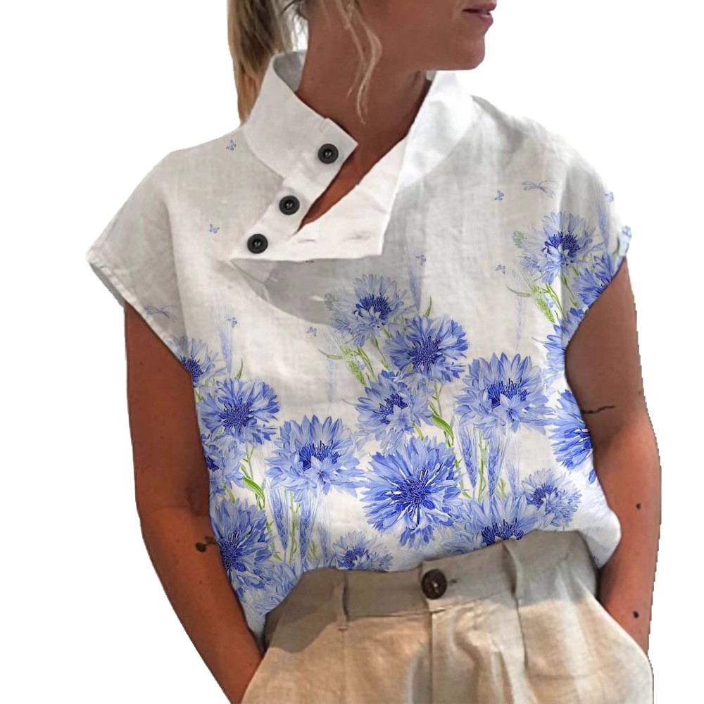 Women's Casual Stand Collar Short Sleeve Digital Print Top T-Shirt