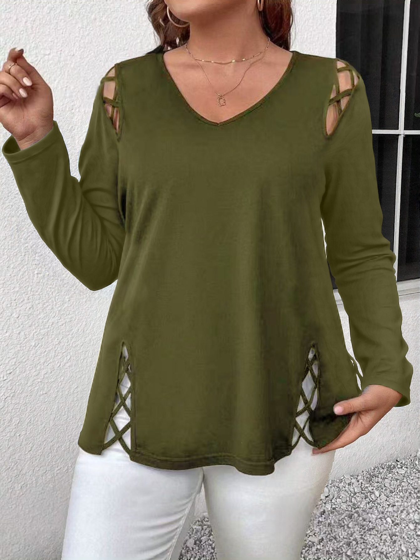 Plus Size Sexy V-Neck Crisscross Cutout Long Sleeve T-Shirt