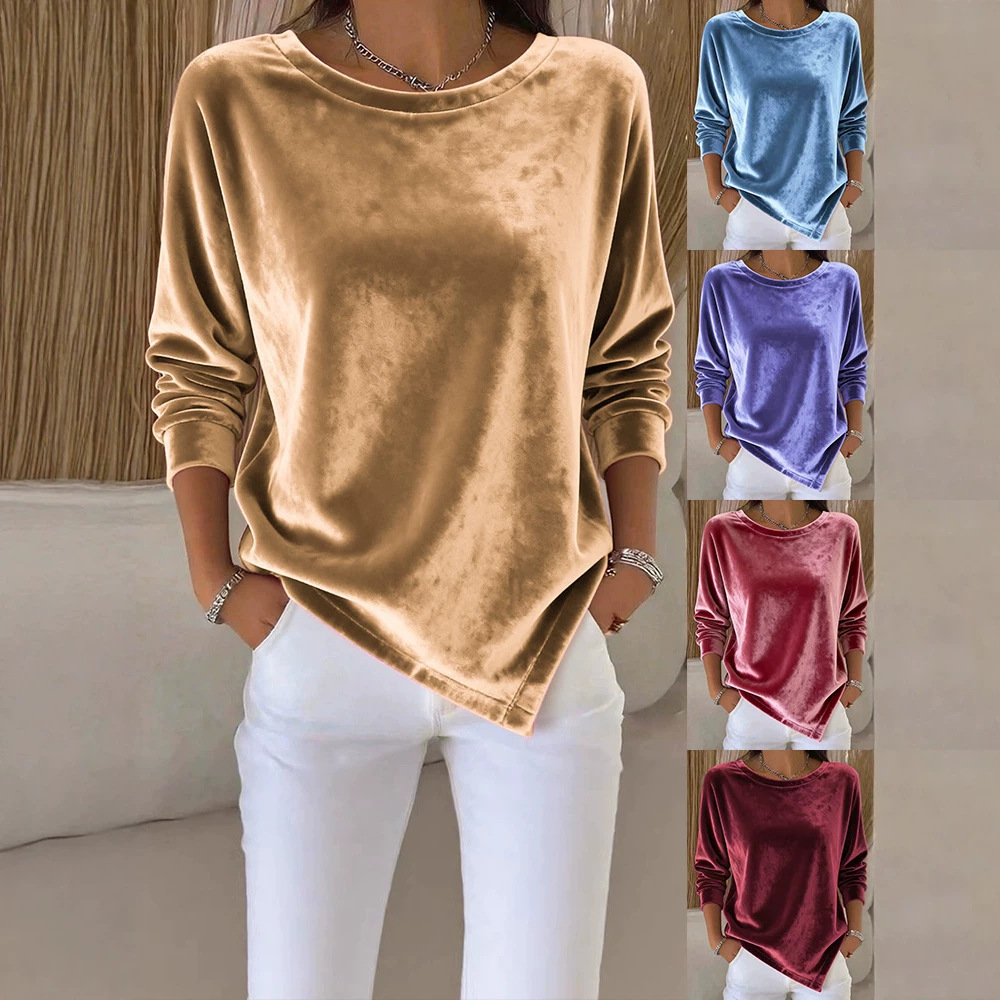 Women's Velvet Long Sleeve Crewneck Solid Color Casual Top